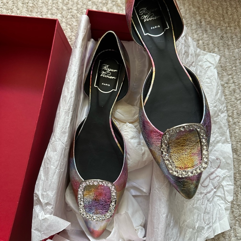 Roger Vivier Iridescent Satin Crystal Flats